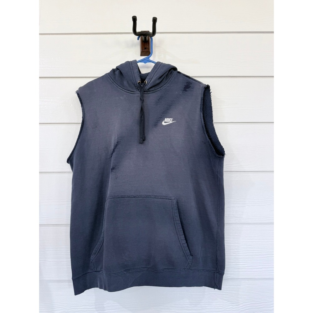 A- 92- Nike Sleeveless Hoodie Vest Mens L Blue Distressed Cut Off Faded Sun Fade